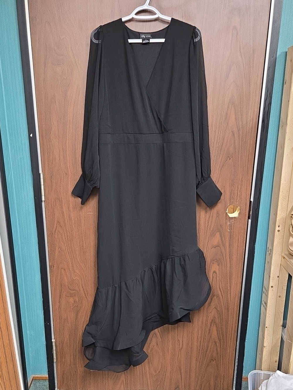 City Chic Size S Black Maxi Length Asymmetrical Long Sleeved Dress